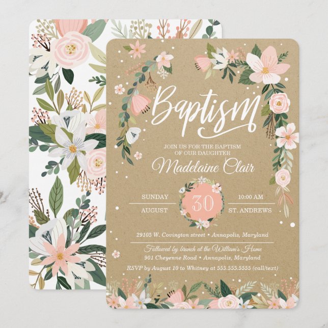 Whimsical Floral Blush & White Girl Taufe Einladung (Vorne/Hinten)