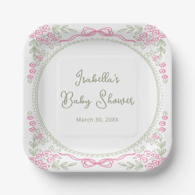 Whimsical Floral Bow Baby Shower  Pappteller (Vorderseite)