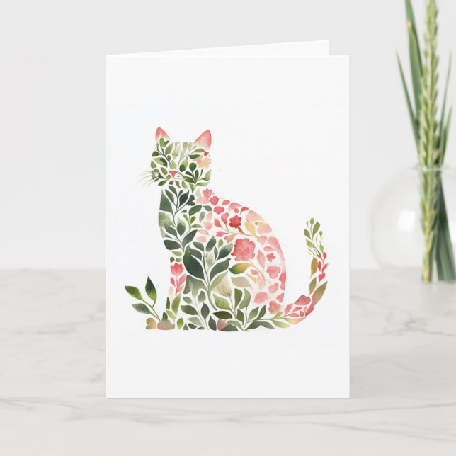 Whimsical Floral Cat Aquarell Gruß Karte (Vorderseite)