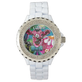 Whimsical Floral Cow Pink Teal Black Personalized Armbanduhr