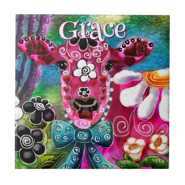 Whimsical Floral Cow Pink Teal Black Personalized Fliese (Vorderseite)