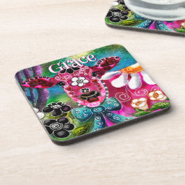 Whimsical Floral Cow Pink Teal Black Personalized Getränkeuntersetzer