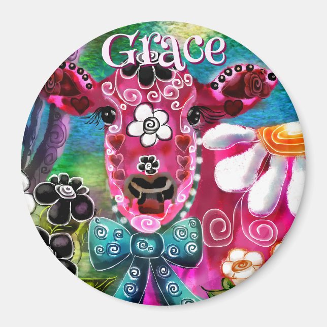 Whimsical Floral Cow Pink Teal Black Personalized Magnet (Vorne)