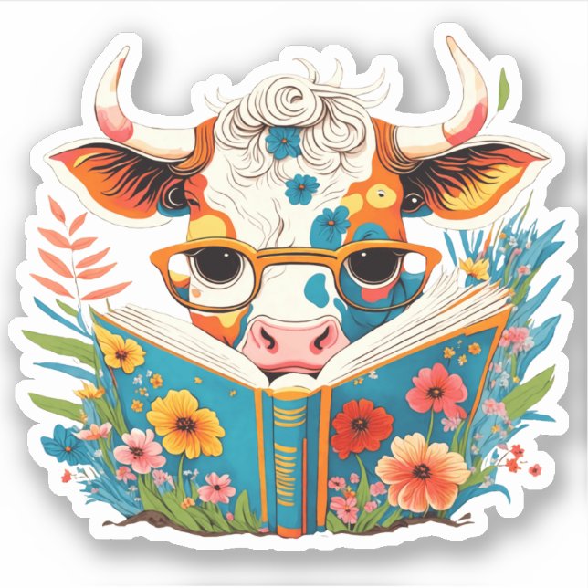 Whimsical "Floral Cow Reading Book" Vinyl Aufkleber (Vorderseite)
