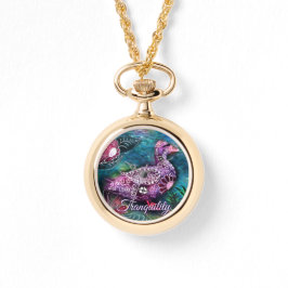 Whimsical Floral Duck Purple Teal Personalized Armbanduhr