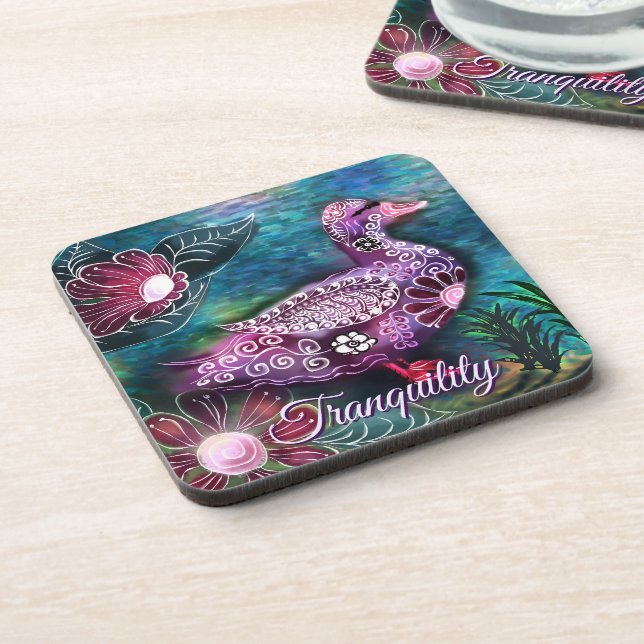 Whimsical Floral Duck Purple Teal Personalized Getränkeuntersetzer (Linke Seite)