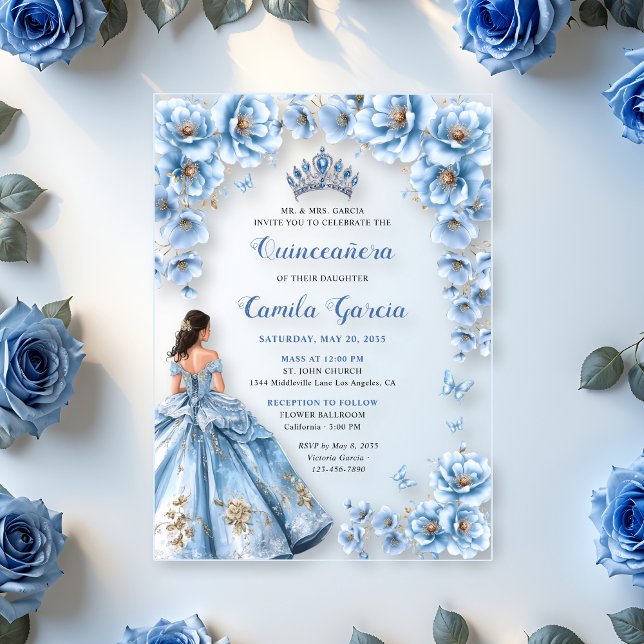 Whimsical Floral Dusty Blue Tiara Quinceañera Acryleinladungen (Von Creator hochgeladen)