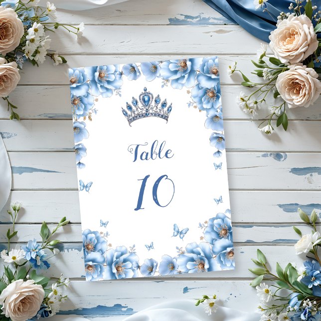 Whimsical Floral Dusty Blue Tiara Quinceañera Tischnummer (Von Creator hochgeladen)