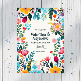 Whimsical Floral Fiesta Wedding Foto und QR Code Einladung
