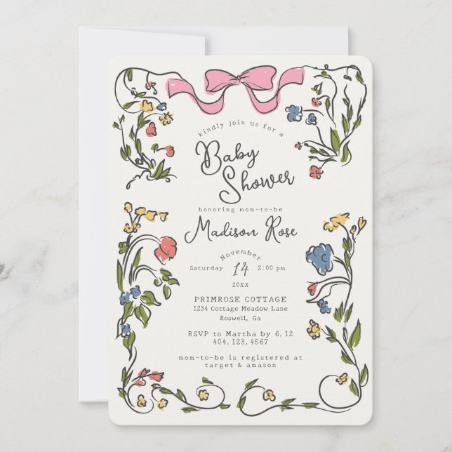 Whimsical Floral Girl Doodle Baby Shower Invite (Vorderseite)