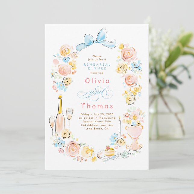 Whimsical Floral Hand Drawn Bow Rehearsal Dinner Einladung (Stehend Vorderseite)
