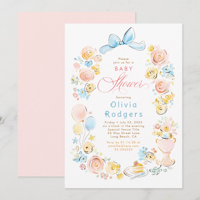 Whimsical Floral Hand Drawn Cute Bow Baby Shower Einladung (Vorne/Hinten)