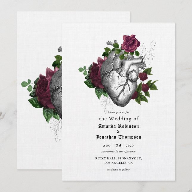 Whimsical Floral Heart Halloween Gothic Wedding Einladung (Vorne/Hinten)