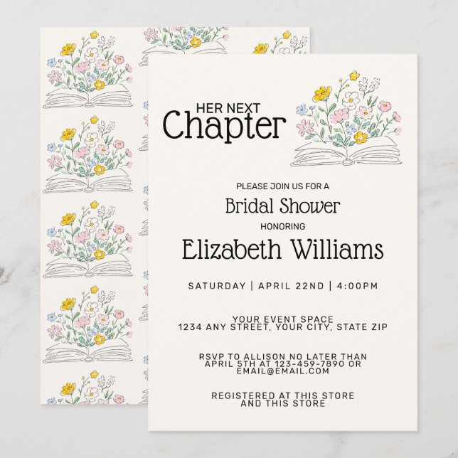 Whimsical Floral Her Next Chapter Bridal Shower  Einladung (Vorne/Hinten)