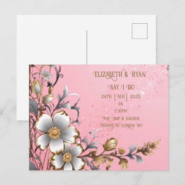 Whimsical Floral Pink Romance Einladung Hochzeit (Vorne/Hinten)