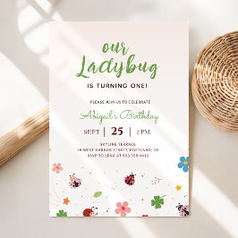Whimsical Floral Red Cute Bug Ladybug 1st Birthday Einladung