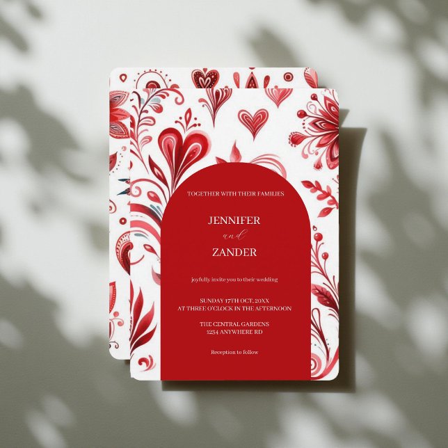 Whimsical Floral Red Elegante Bold Holiday Wedding Einladung (Von Creator hochgeladen)