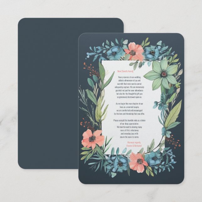 Whimsical Floral Salmon Blue Green Wedding Dankeskarte (Vorne/Hinten)