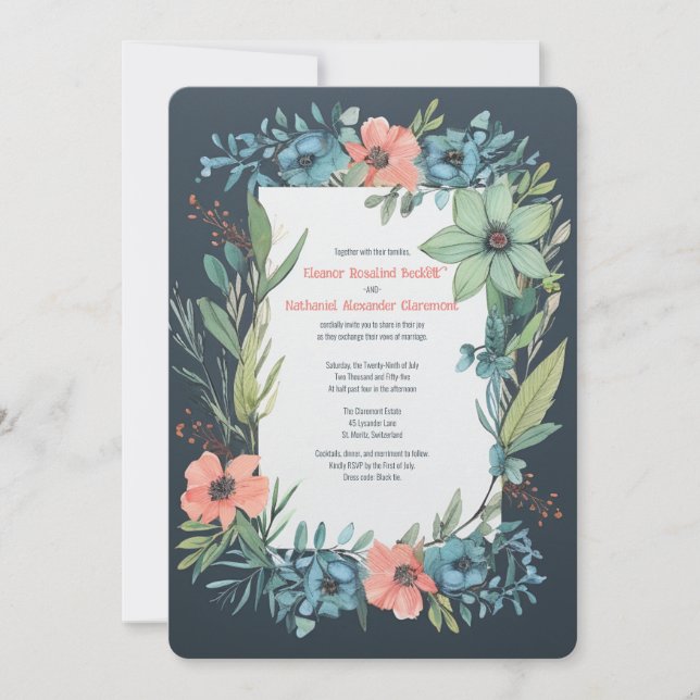 Whimsical Floral Salmon Blue Green Wedding Einladung (Vorderseite)