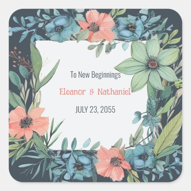 Whimsical Floral Salmon Blue Green Wedding Quadratischer Aufkleber (Vorderseite)