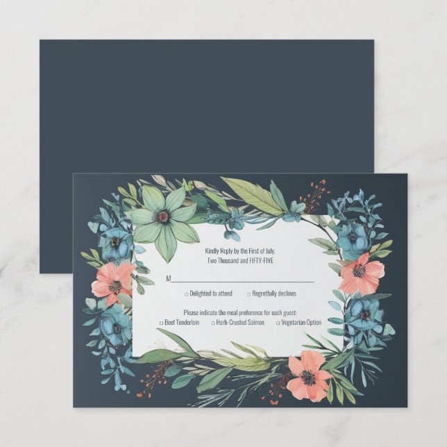 Whimsical Floral Salmon Blue Green Wedding RSVP Karte (Vorne/Hinten)