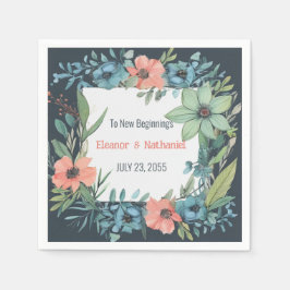 Whimsical Floral Salmon Blue Green Wedding Serviette