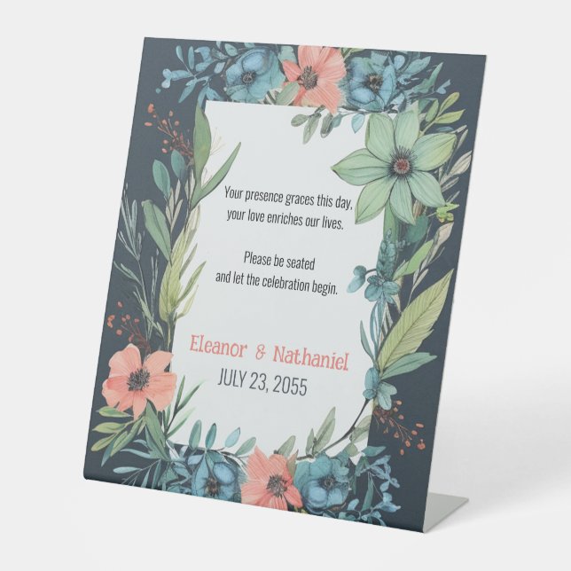 Whimsical Floral Salmon Blue Green Wedding Sockelschild (Vorderseite)