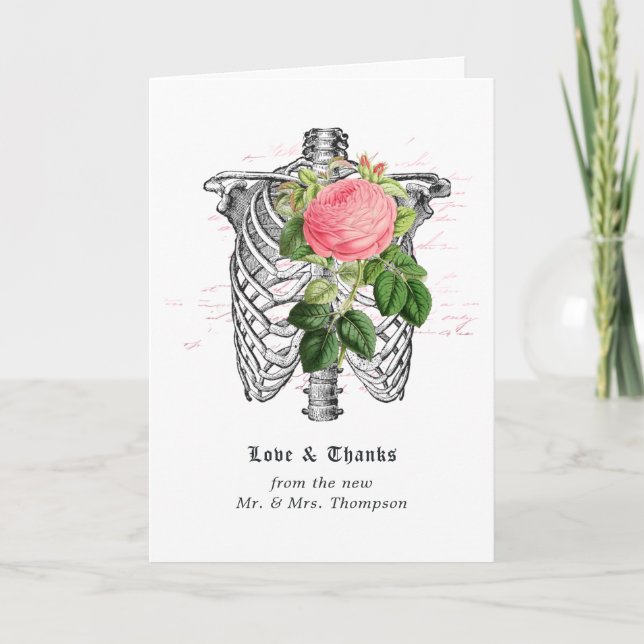 Whimsical Floral Skeleton Gothic Wedding Vielen Da Dankeskarte (Vorderseite)