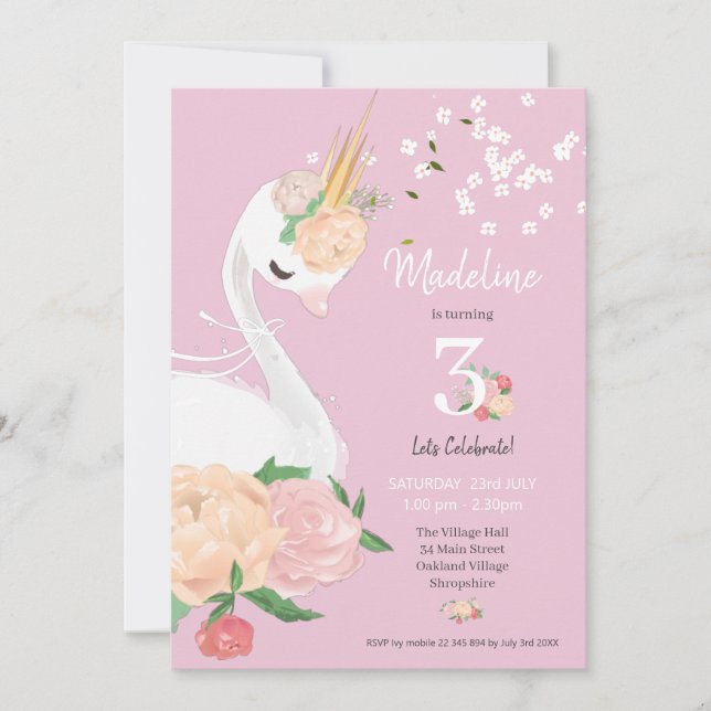 Whimsical Floral Swan Girls Geburtstag  Einladung (Vorderseite)