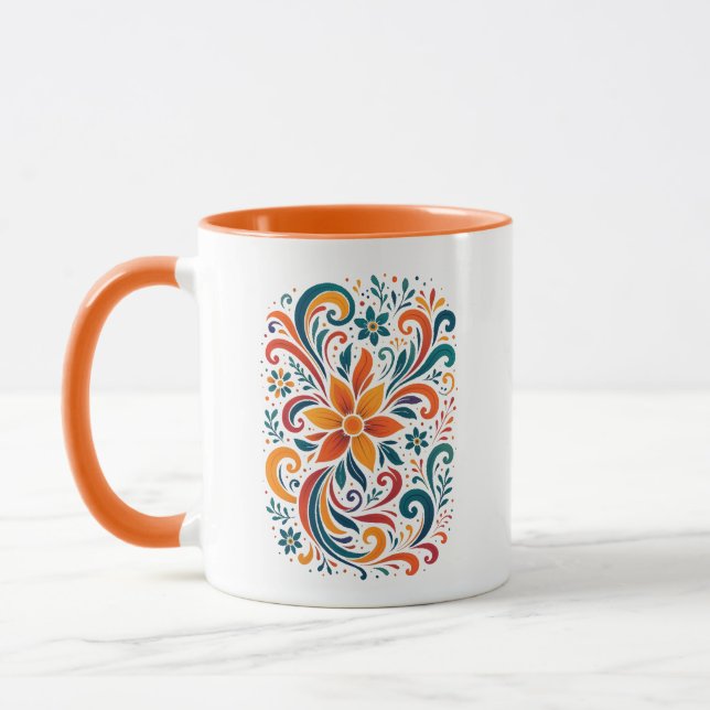 Whimsical Floral Swirl Mug - Orange  Accent Handle (Gauche)