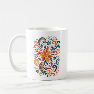Whimsical Floral Swirl Mug - Orange Accent Handle Kaffeetasse