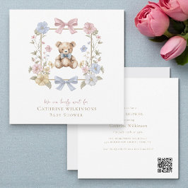 Whimsical Floral Teddy Bear Baby Shower QR code Einladung