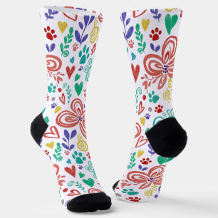 Whimsical Floral und Pfotenabdruck Socken