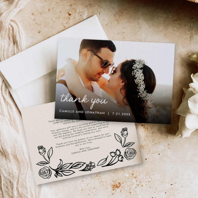 Whimsical Floral Wedding Foto Danke Karte (Hand Drawn Floral Photo Wedding thank you card)