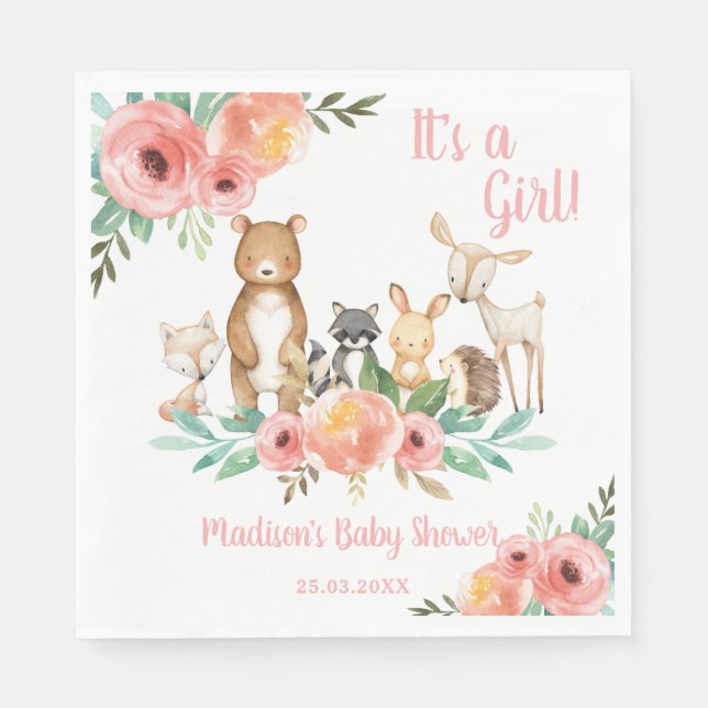 Whimsical Floral Woodland Animals Baby Dusche Serviette (Vorderseite)