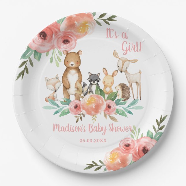 Whimsical Floral Woodland Animals Baby Shower Girl Pappteller (Vorderseite)