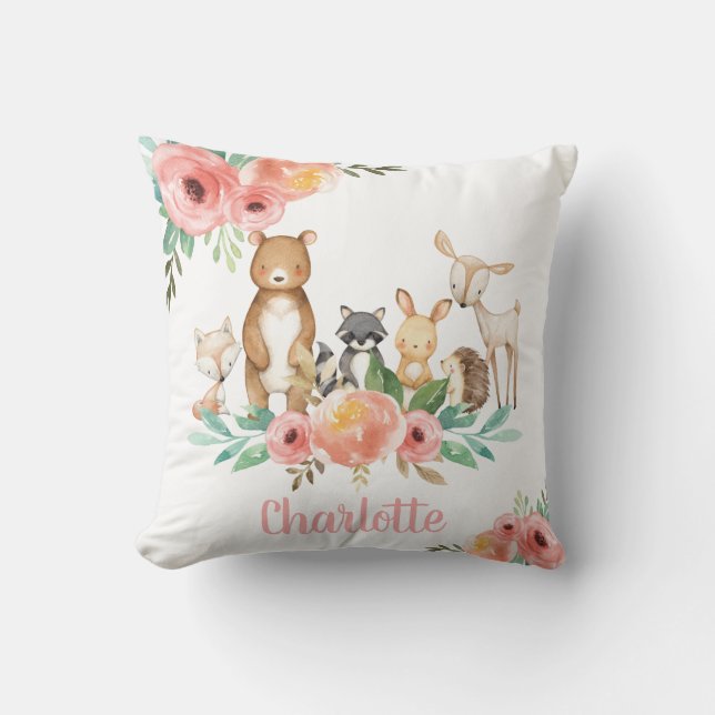 Whimsical Floral Woodland Animals Girl Kinderzimme Kissen (Vorderseite)