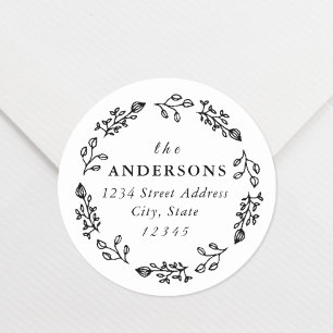 Whimsical Floral Wreath Family Name Rücksendeadres Runder Aufkleber