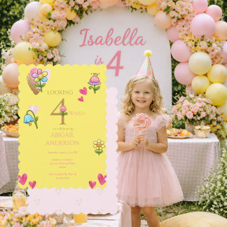 Whimsical Floral Yellow 4th Birthday Party Einladung
