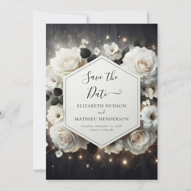 Whimsical Florals White Roses Wedding Save The Date (Vorderseite)