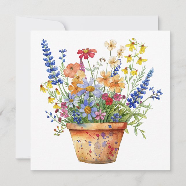 Whimsical Flowers in Pot Floral Illustration Karte (Vorderseite)