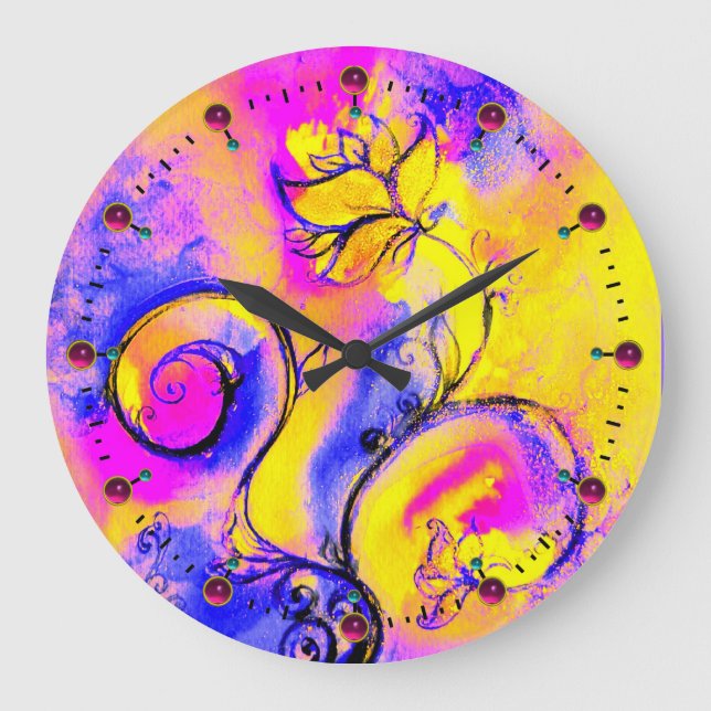 WHIMSICAL FLOWERS  pink yellow  blue Große Wanduhr (Vorderseite)