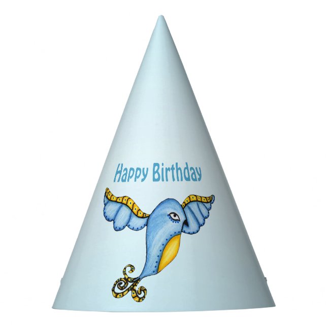 Whimsical Flying Verziert Bluebird Yellow Schwanz Partyhütchen (Vorderseite)
