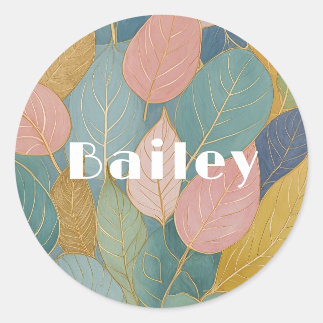 Whimsical Foliage: Pastell-Blätter Klassischer Run Runder Aufkleber (Vorderseite)