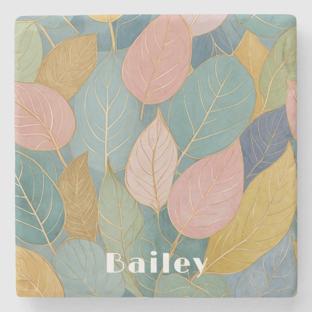 Whimsical Foliage: Pastellfarben-Blätter Steinuntersetzer (Vorderseite)