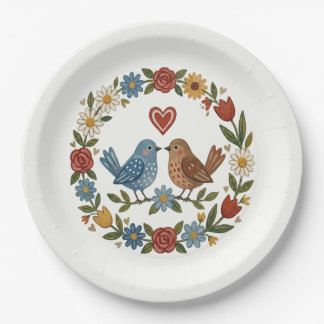 Whimsical Folk Art Birds & Floral Wreath Wedding Pappteller