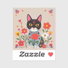 Whimsical Folk Art Black Cat und Blume Aufkleber