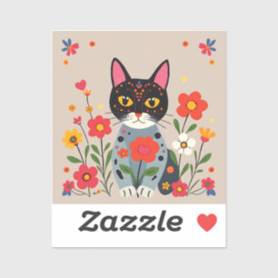 Whimsical Folk Art Black Cat und Blume Aufkleber