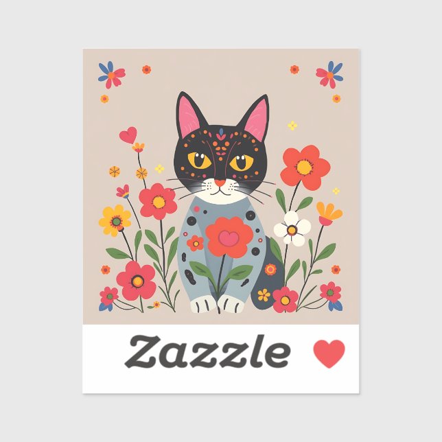 Whimsical Folk Art Black Cat und Blume Aufkleber (Blatt)