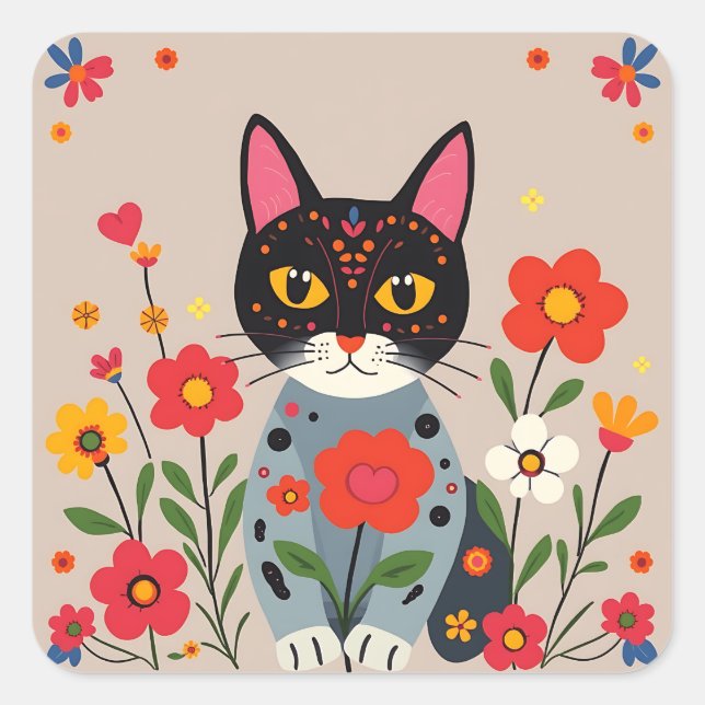 Whimsical Folk Art Black Cat und Blume Quadratischer Aufkleber (Vorderseite)